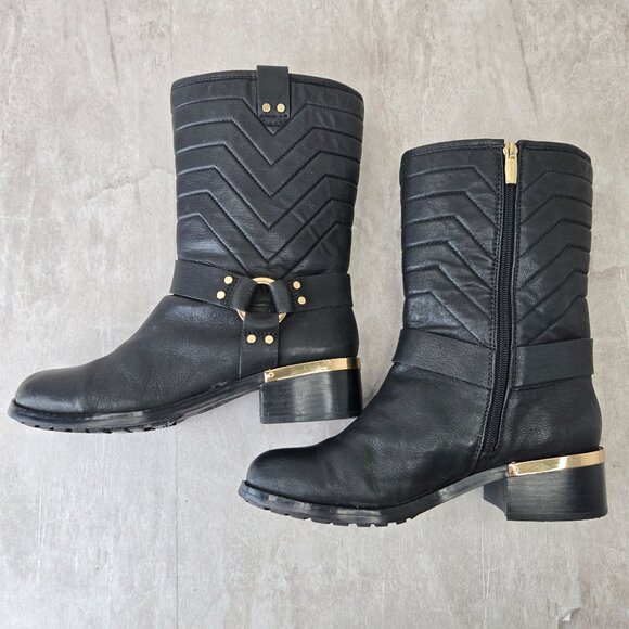 Vince Camuto Harness Moto Boots 8.5 Black Quilted Leather Western Biker Booties - Picture 6 of 13
